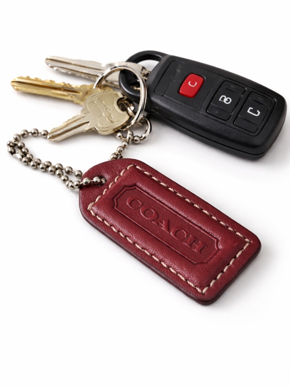 Coach Brown Leather Key Tag with Silver Chain